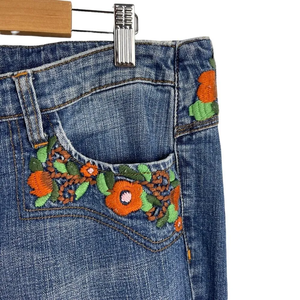 VTG Lei Y2k Blue Denim Low Rise Ashley Jeans Orange Floral Boho Embroidery 15 - Image 14