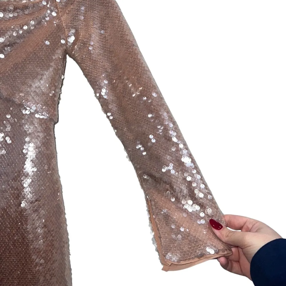 Long Sleeve Sequin Off Shoulder Mini Dress In Beige - Image 8