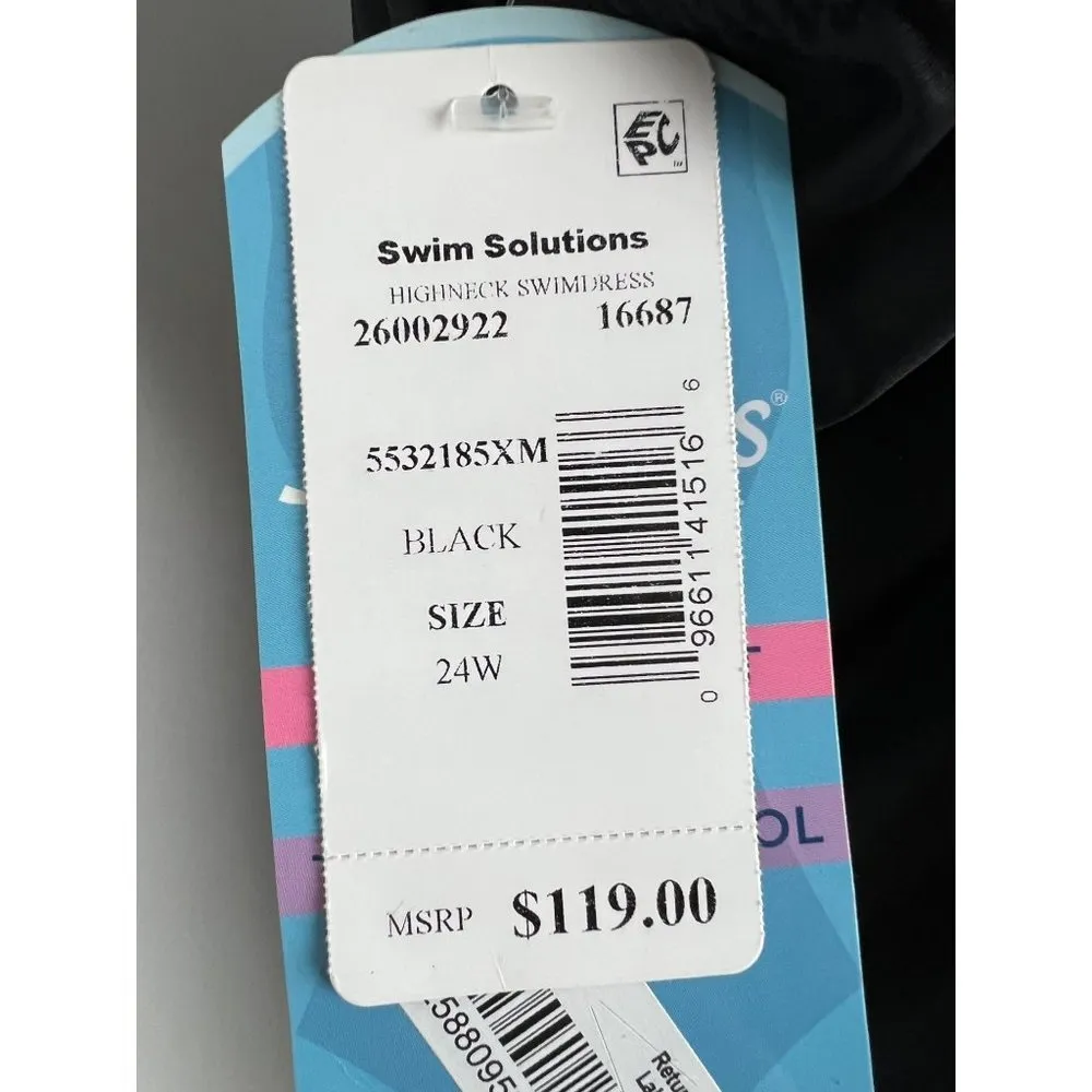 Swim Solutions Tummy Control Black Mesh Scalloped Hem Plus Size Swim Dress 24W - Image 7