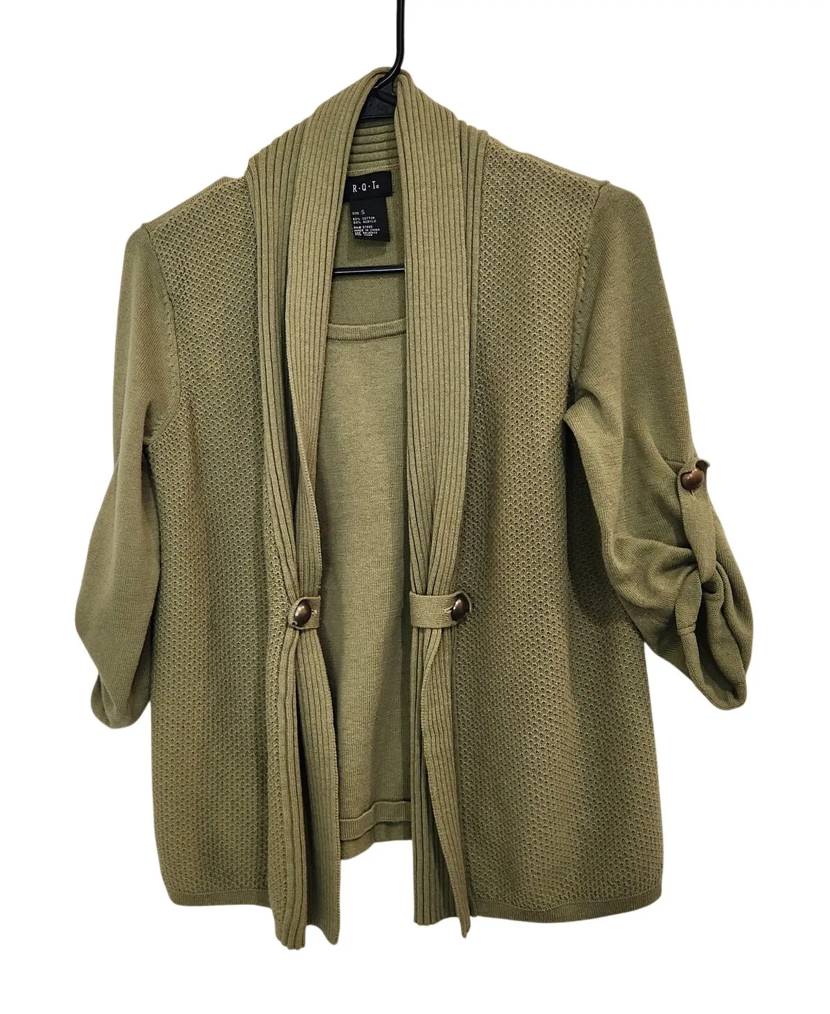 R.Q.T Green Rib Knit Roll Tab Sleeves Open Front Cardigan w/ Inner Top Small - Image 1