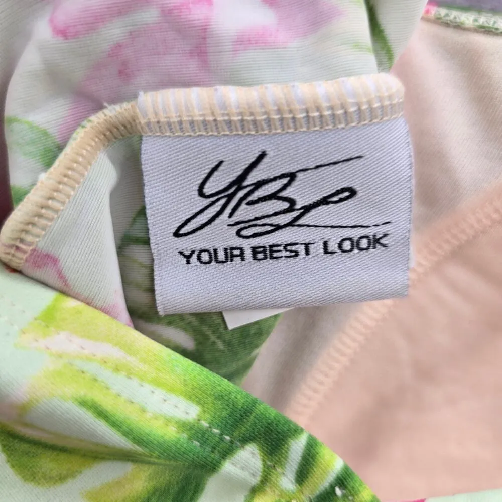 137. Your Best Look Cropped Green Pink Floral Tank Top Padded Tankini 12 Large Size XL - Image 4