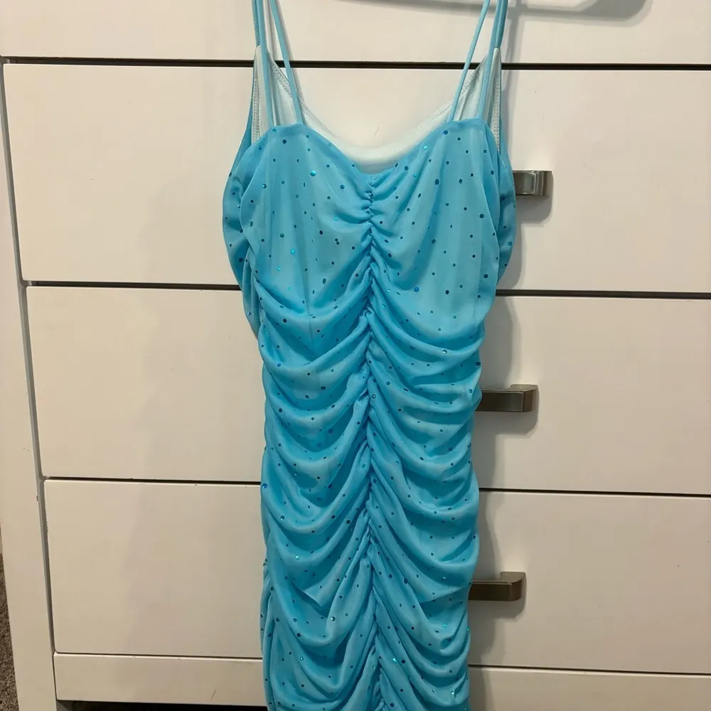 Lucy In the Sky Blue Ruched Sequin Mini Dress - Image 3