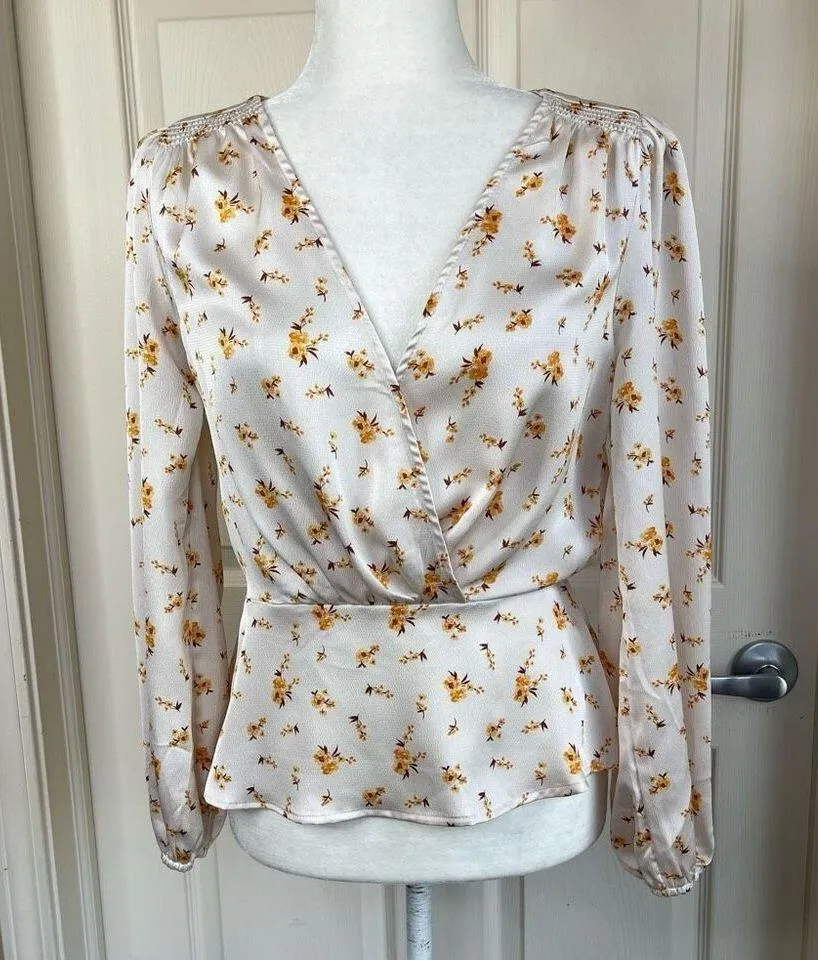 LUSH Floral Surplice Peplum Long Sleeve Blouse (Cream) - Small - Image 3