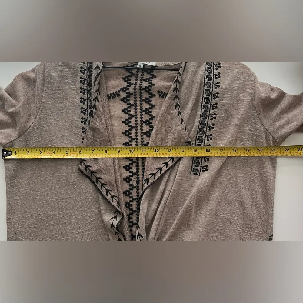 John Mark Embroidered Boho Open Front long Cardigan Duster Tan Black flowy S - Image 4