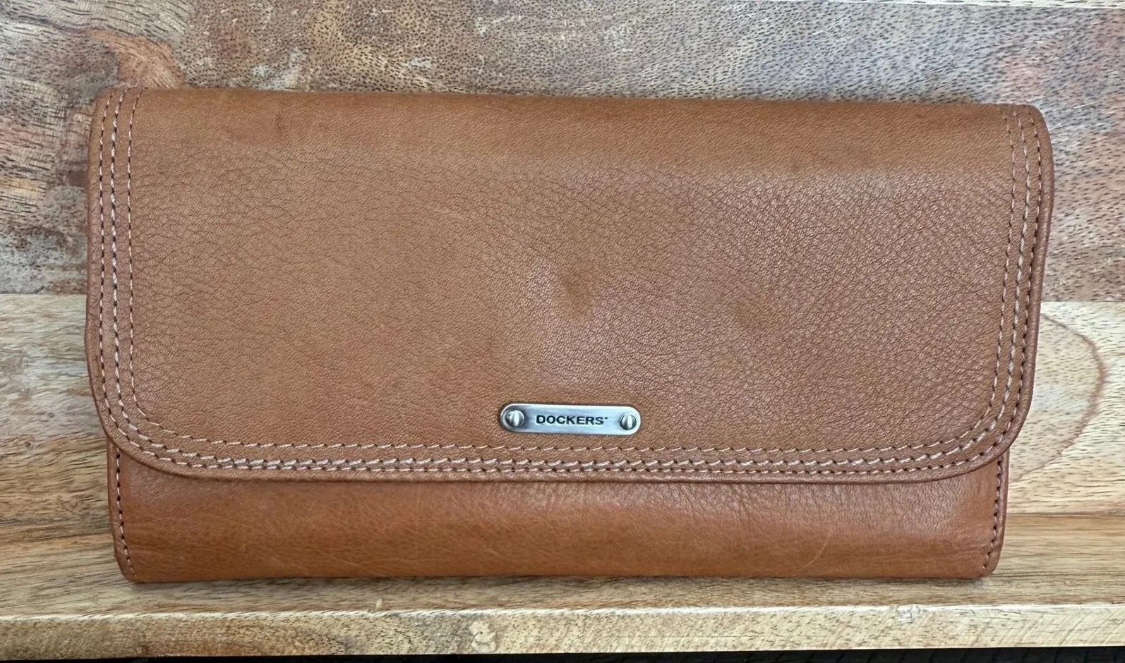 Dockers Genuine Leather Checkbook Wallet Brown Flap Clutch Organizer - Image 1