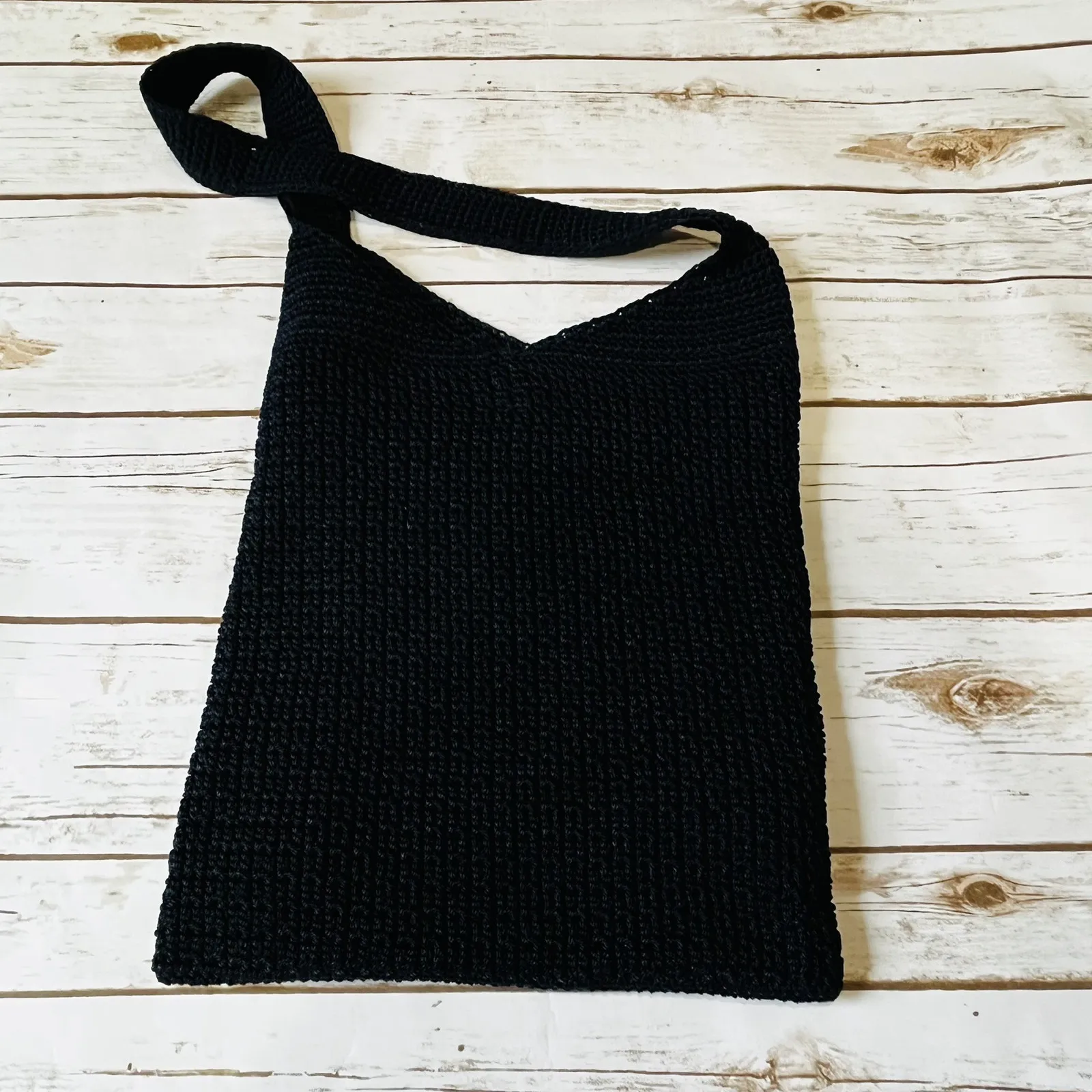 The Sak Shoulder Bag Crochet Purse NAVY BLUE Handmade 12" x 16" Boho Knit Hippie - Image 9