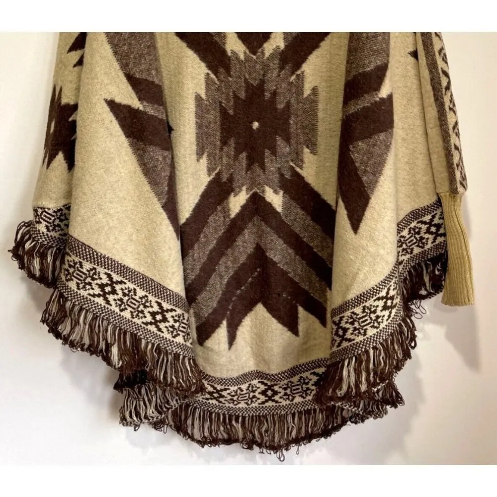 Southwestern Wool Blend Poncho Sweater Fringe Size OS One Size Brown - Image 4
