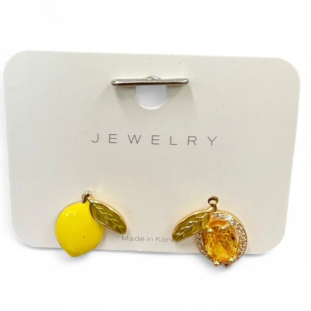 Sunlit Lemon Enamel & Gold Gem Earrings‎ 1cm Mismatched Summer Jewelry Yellow - Image 4