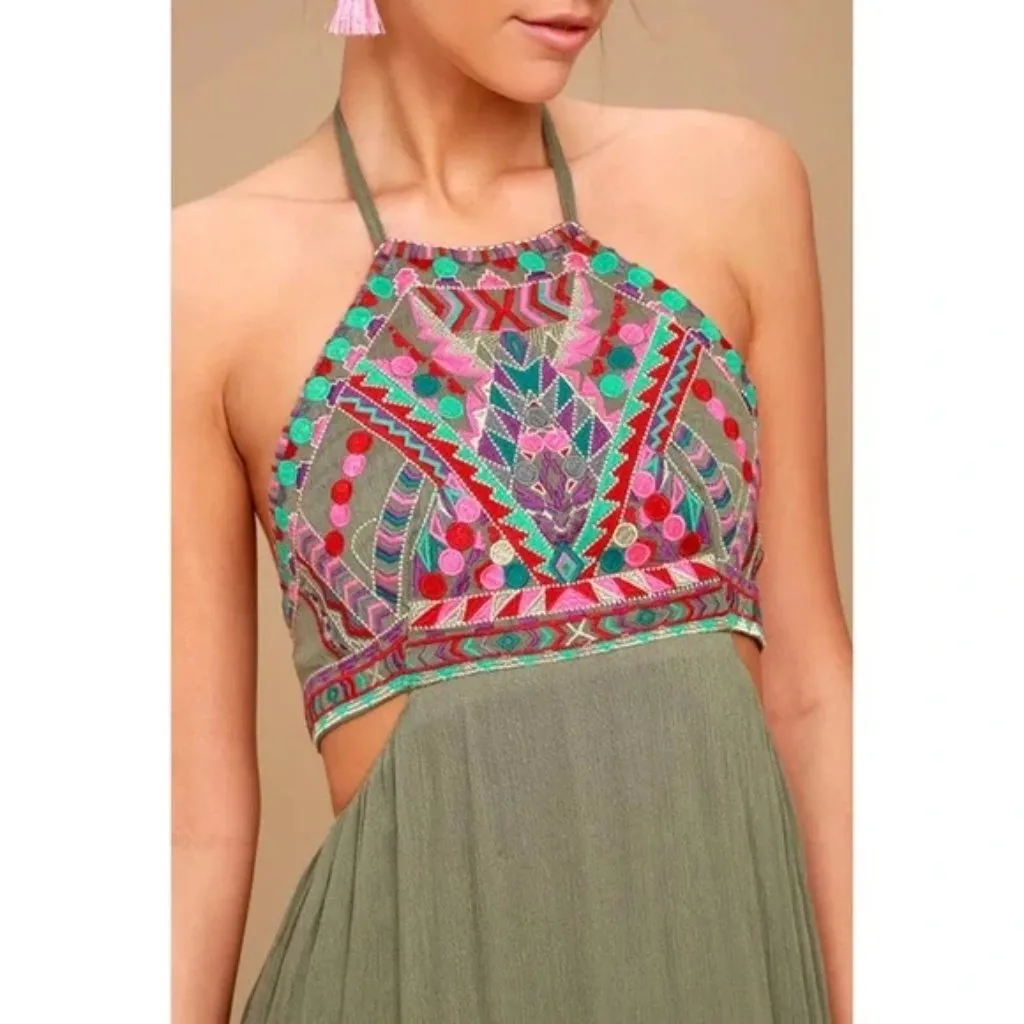 Lulu’s Little Beach Olive Green Embroidered Maxi Dress - Image 4