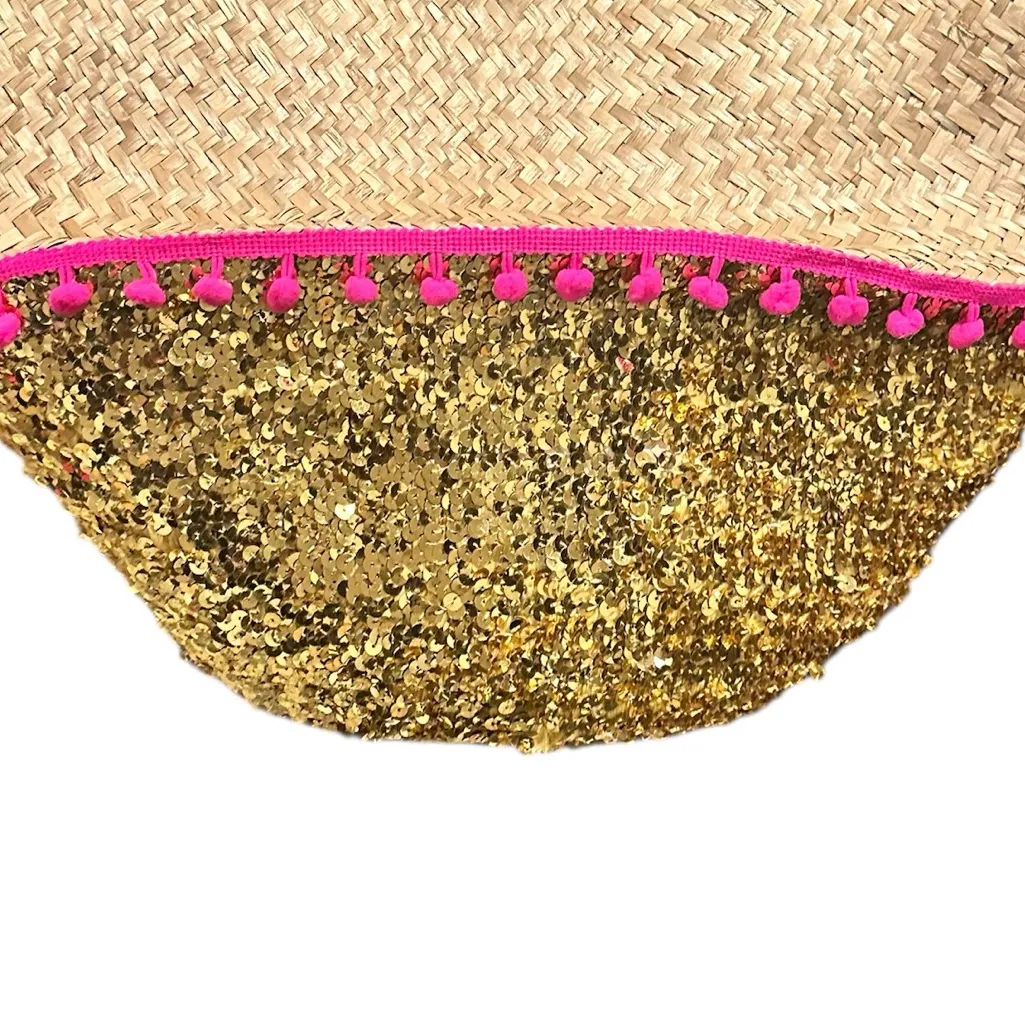 NATURAL LIFE WICKER STRAW WOVEN SEQUINED PINK POM POM TOTE BEACH BASKET BAG - Image 2
