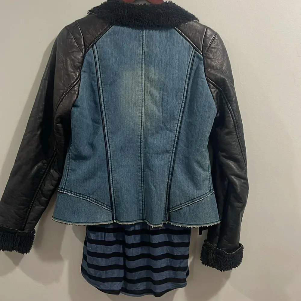 Tribal Jeans Y2K faux shearling pleather moto jacket zip with fur Blue Size M - Image 9