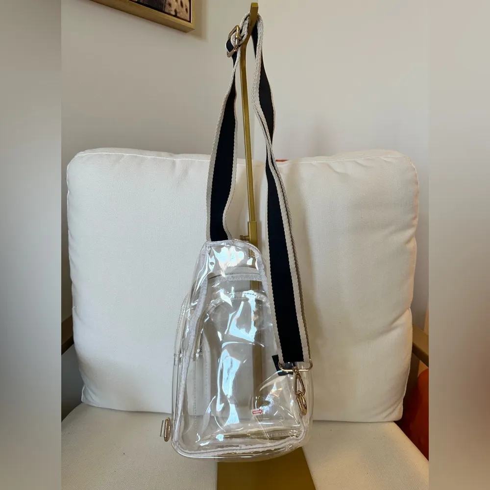 Clear Mini Crossbody Backpack with Black white Guitar Strap. - Image 3