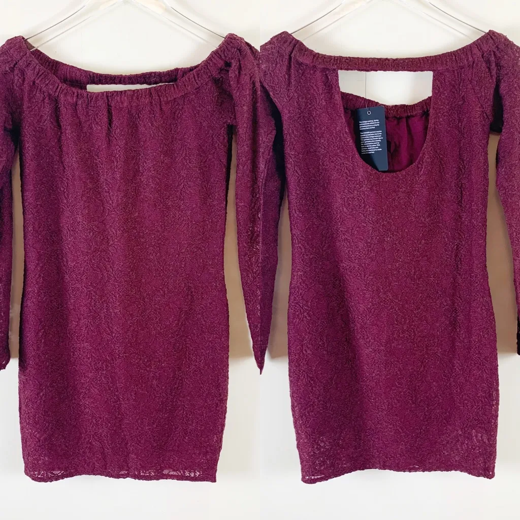 Chaser Lace Open Back Off Shoulder Long Sleeve Mini Dress Burgundy Size Small - Image 4