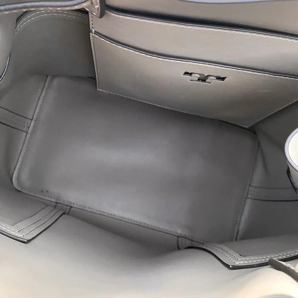 Tory Burch Block T Drawstring 100% Leather Tote Bucket Bag French Gray Handbag - Image 8