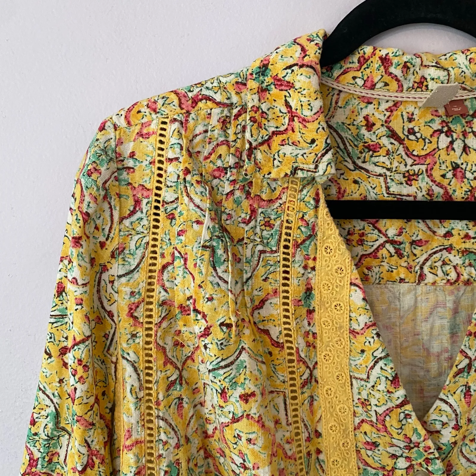 Pilcro Anthropologie Yellow Boho Button Down Peasant Blouse Fairy Women's Medium - Image 4