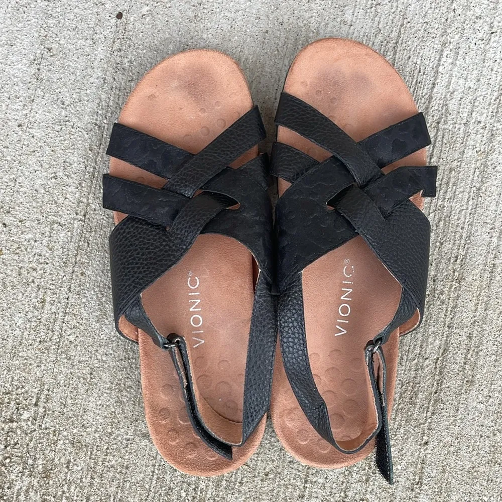 Vionic Eira Leather Backstrap Sandals Black Leopard Print Flats Size 10 - Image 2
