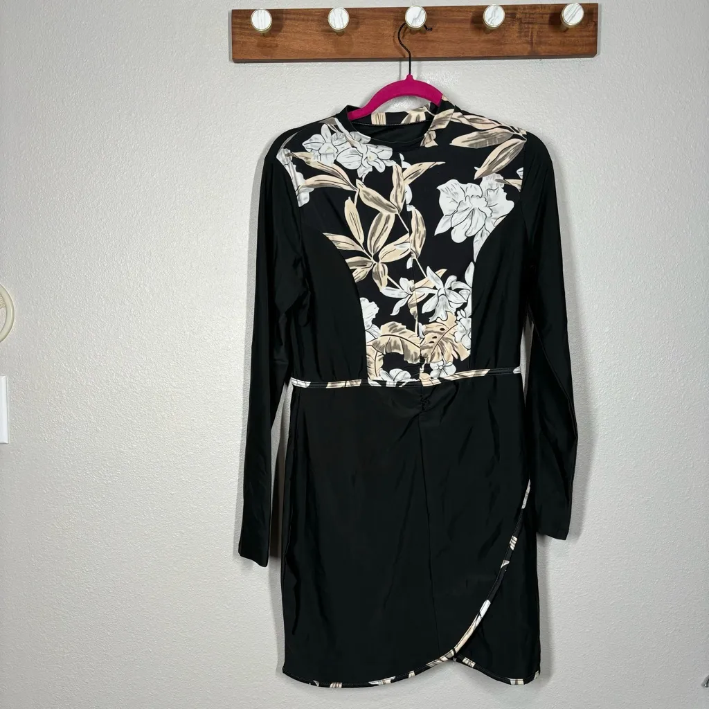 Floral Long Sleeve Swim Dress Size XL Black - Image 3