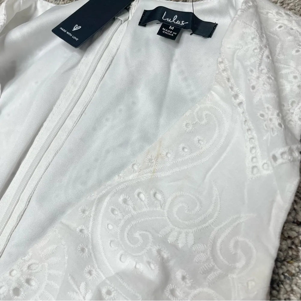 Lulus Always Ravishing White Cotton Eyelet Fringe Tulip Midi Dress Medium NWT - Image 12