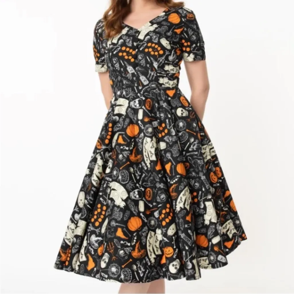 Unique Vintage Magnolia Place Halloween Goth Witch Dress Sz L skull - Image 3