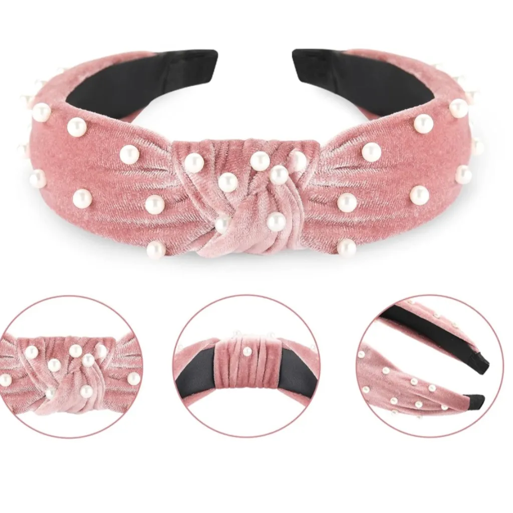 Women’s Pink Velvet Twist Knot Faux Pearl Embellished Headband NWT - Image 4