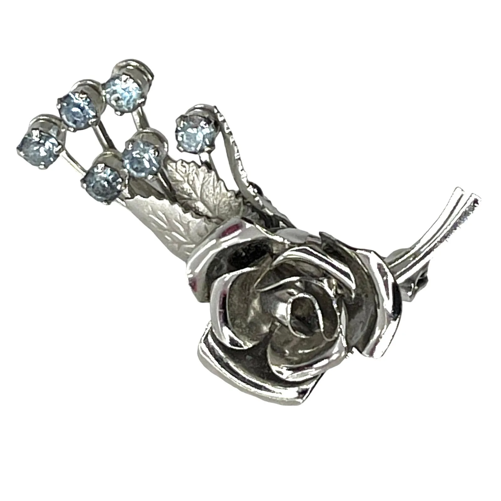 Vintage 1950's Rose Flower BROOCH Pin Silver Metal Leaf Blue Crystal Rhinestones - Image 5