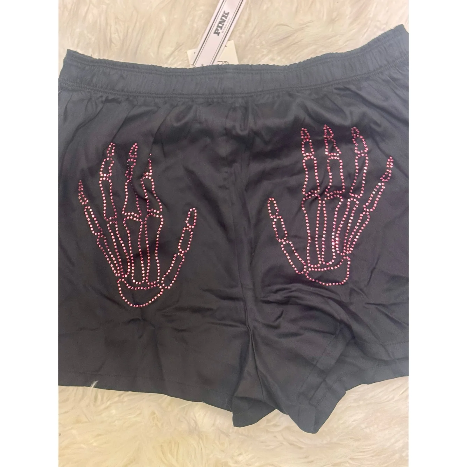 PINK Victoria’s Secret 2025 Bling Skeleton hands Sleep Shorts Silky Small NWT Black - Image 3
