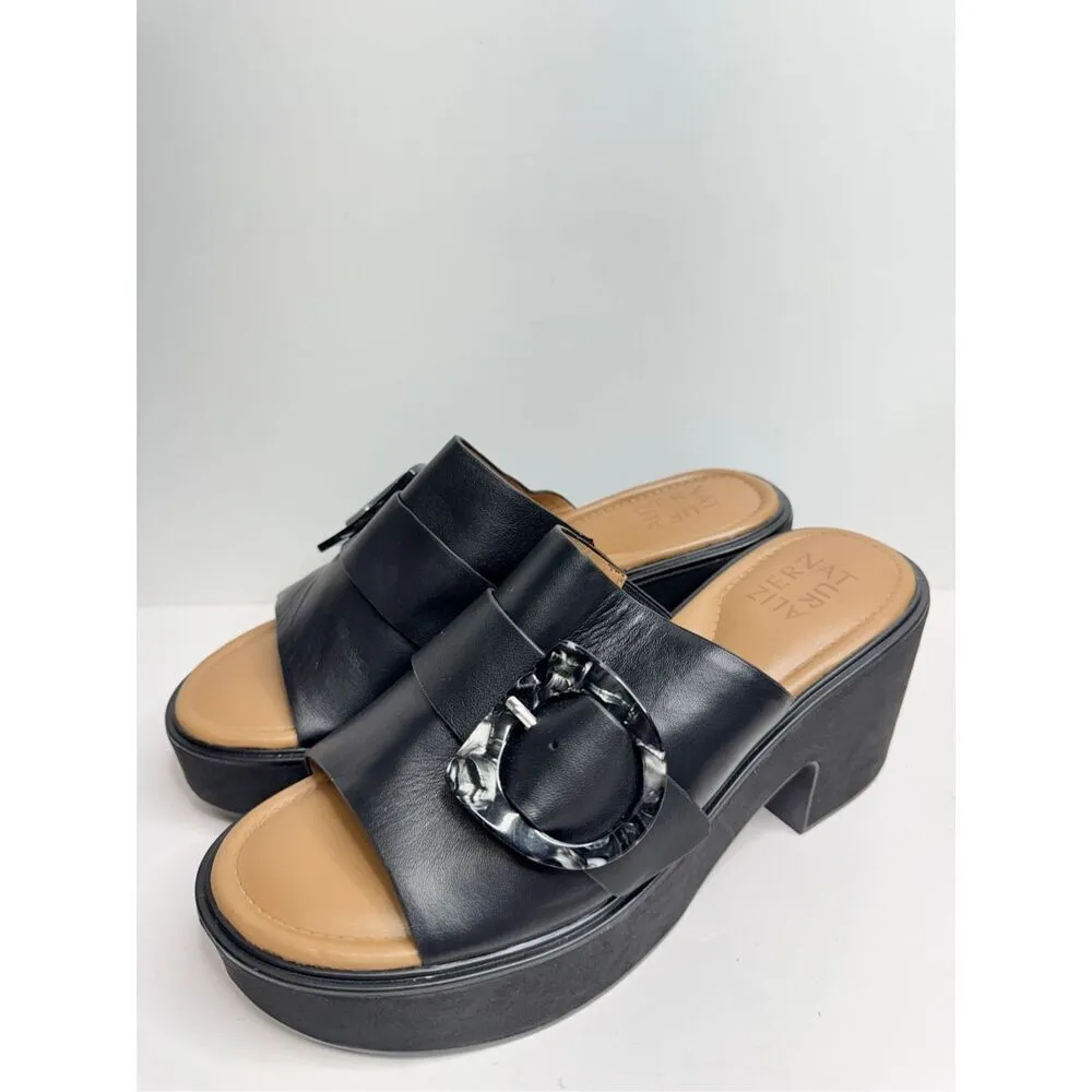 Naturalizer Platform Slide Sandal Size 9 Black Leather Block Heel Round Toe - Image 2