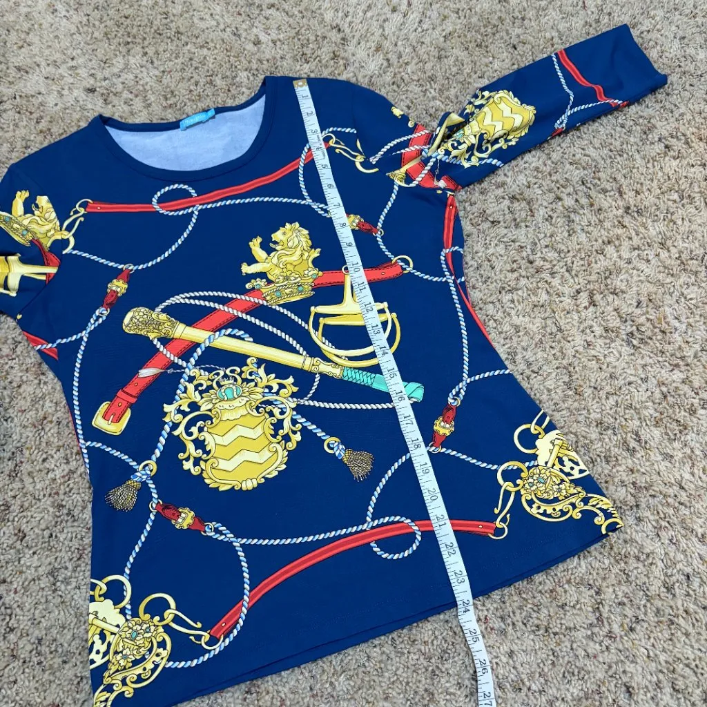 J McLaughlin Catalina Cloth Blue Equestrian Lion Rope Signature 3/4 Sleeve Tee Size M - Image 12