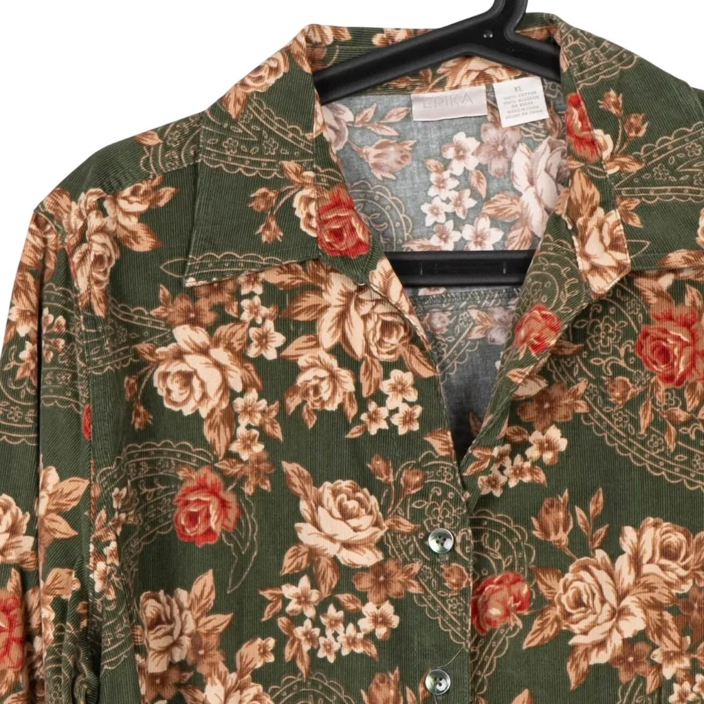 Erika Y2K Corduroy Button Up Shirt XL Green Floral 90s Paisley VNeck Grunge - Image 2