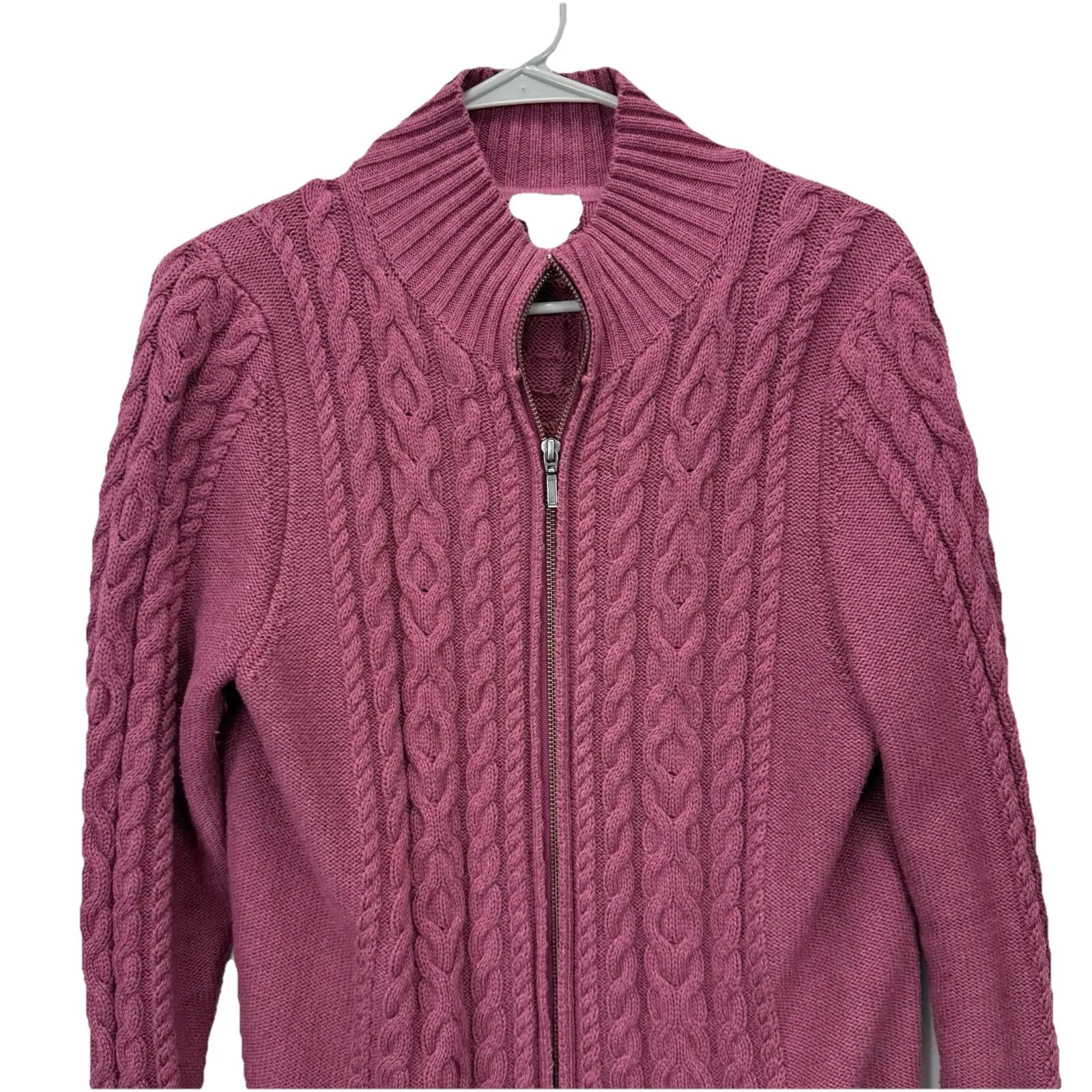 LL Bean Pink Double L Mixed Cable Full Zip Mock Neck Cotton Sweater Size LARGE - Image 3