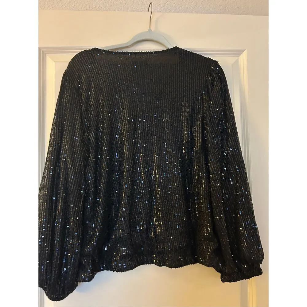 NEW Elegant Sequin Sheer Long Sleeve V Neck Slim Fit Top L Black Size L - Image 2