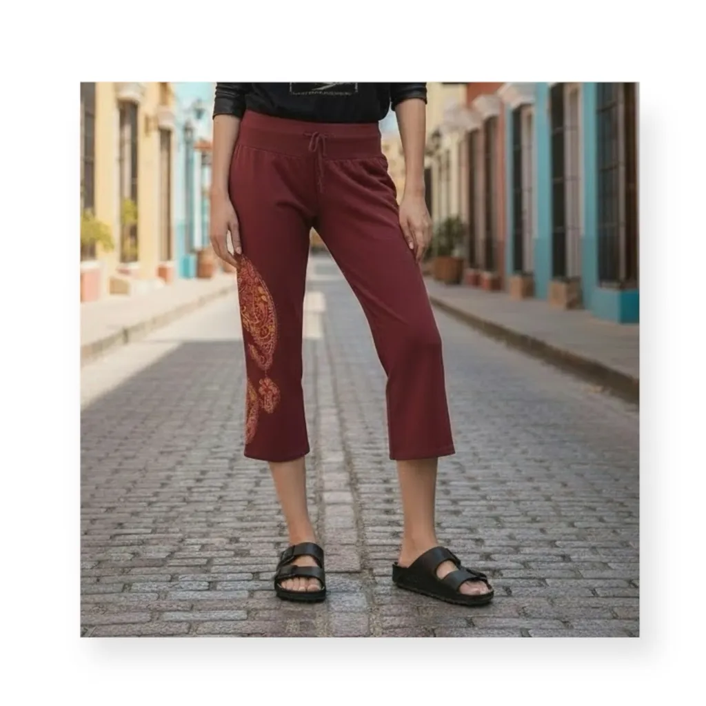 Y2K: new Lucky Brand 𖥚 Embroidered Floral Mandala Crop Sweatpants 𖥚 Wine 𖥚 XS 𖥚 - Image 2