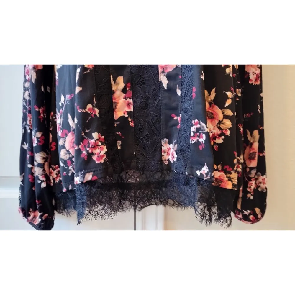 WHBM Floral Blouse medium White House Black Market Keyhole Stretch Lace Red Pink - Image 5