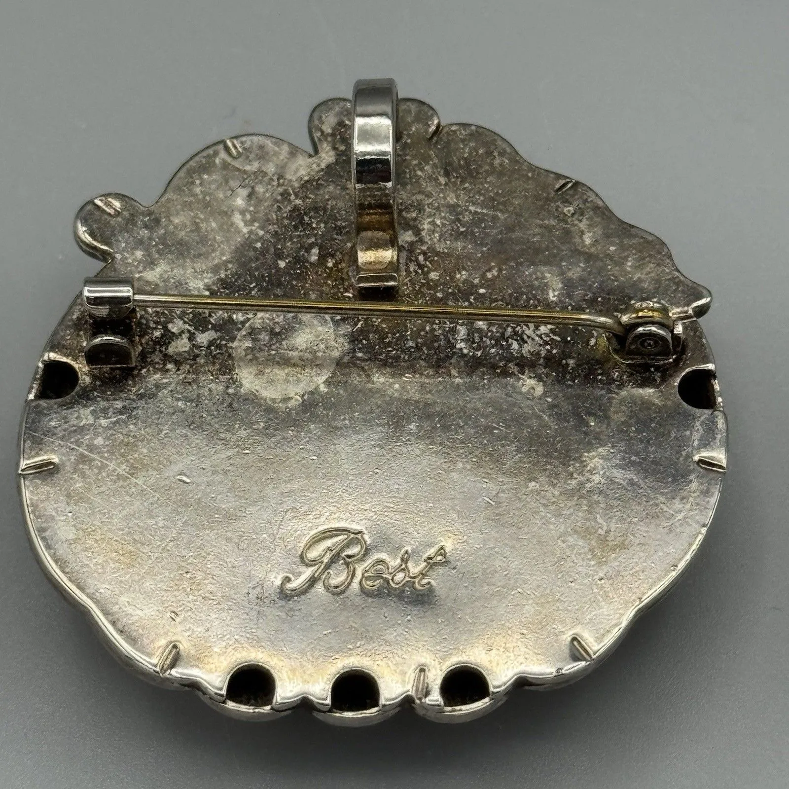 Vintage Silver Tone Halloween Fall Pumpkin Brooch and Pendant Signed Best Scarf Size 0 - Image 5