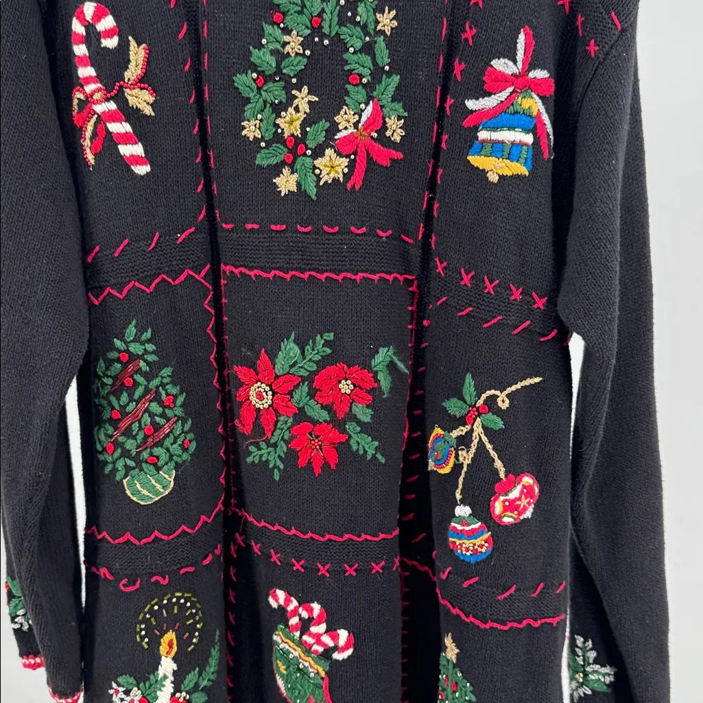 Work in Progress Women's Christmas embroidered XL Crew Neck tunic Sweater beaded Black - Image 7