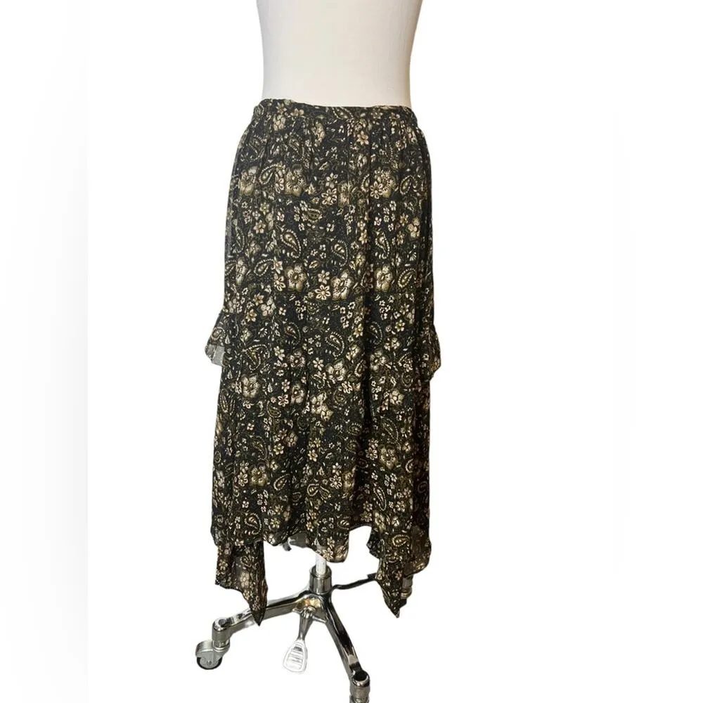 Ulla Johnson Black Paisley & Floral Print Silk Chiffon Midi Ruffled Skirt sz 4 - Image 5