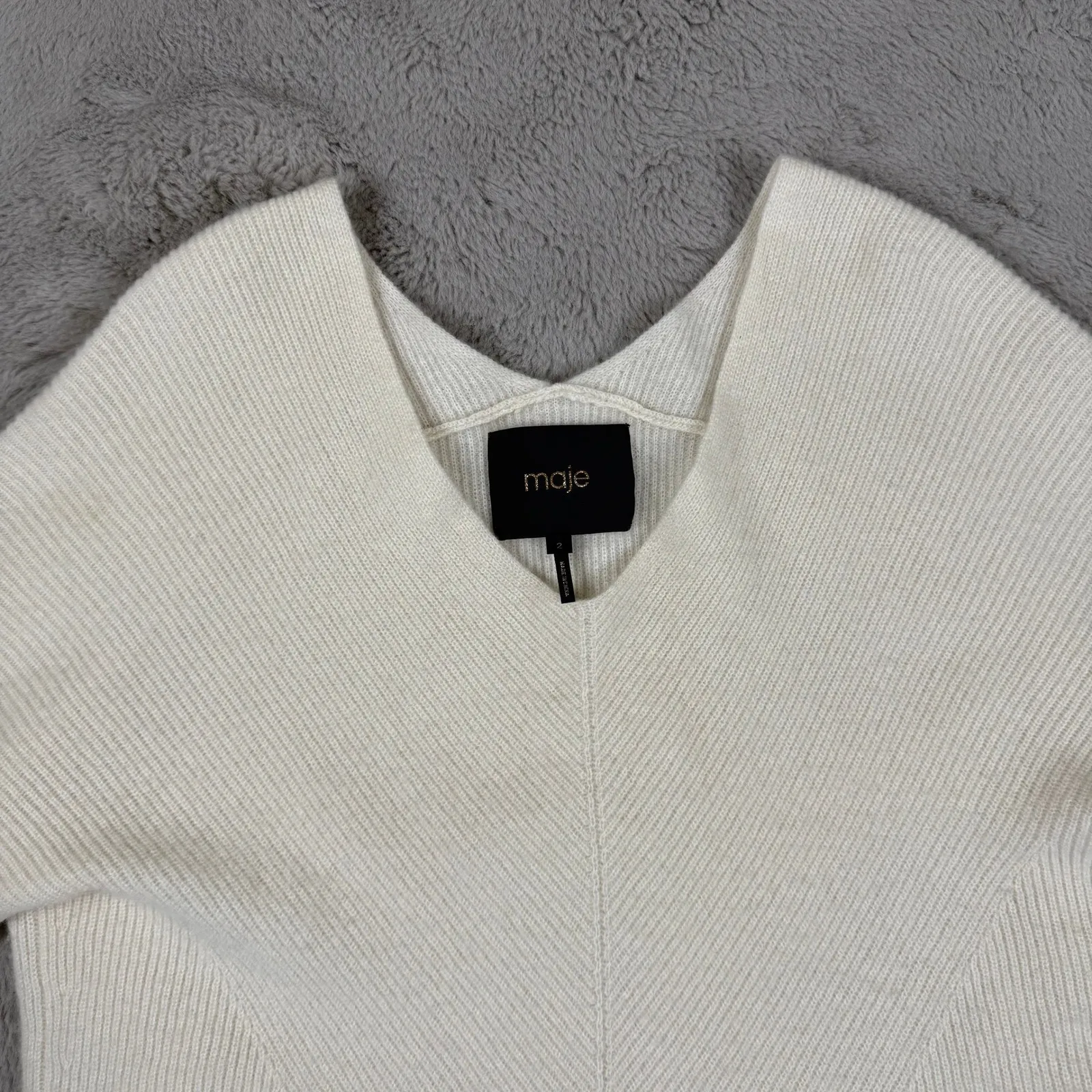 Maje Cashmere Sweater V-Neck‎ Ribbed Jumper Knit Pullover Cream Size M Designer - Image 9
