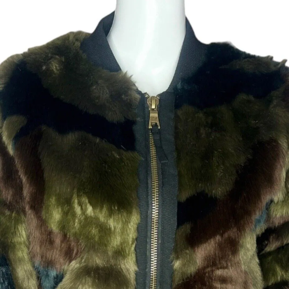Anthro‎ Marrakech Faux Fur Bomber Jacket Womens Small Multicolor Camo Patchwork - Image 6