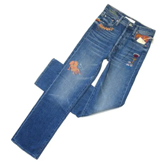 NWT Mother Superior Rambler Sneak in Running With Scissors Embroidered Jeans 25 Blue - Image 1