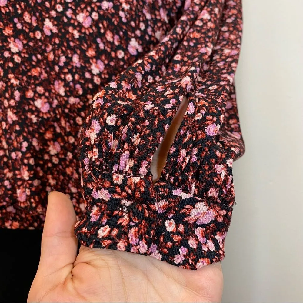 & Other Stories Floral Long Puff Sleeve Wrap Blouse Black/Pink Sz 6 Small - Image 9