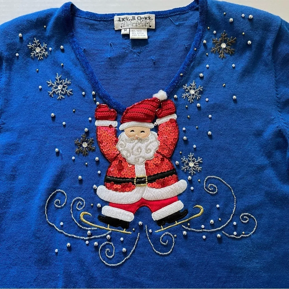 Vintage Jack be quick Santa sweater v neck blue beaded size medium - Image 15