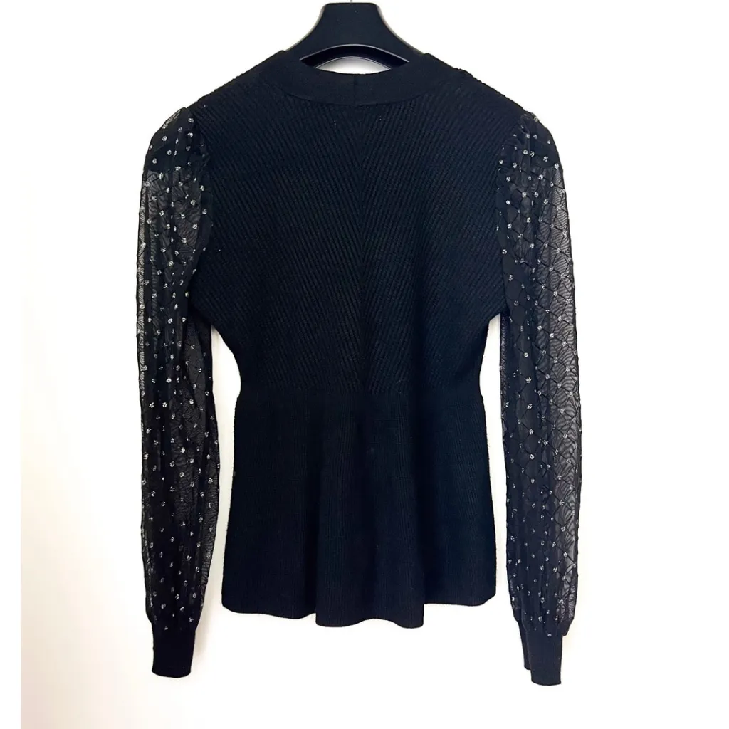 89th and Madison Women's Black Embellished Mesh Sleeve Sweater Twee Wimsigoth - Image 4