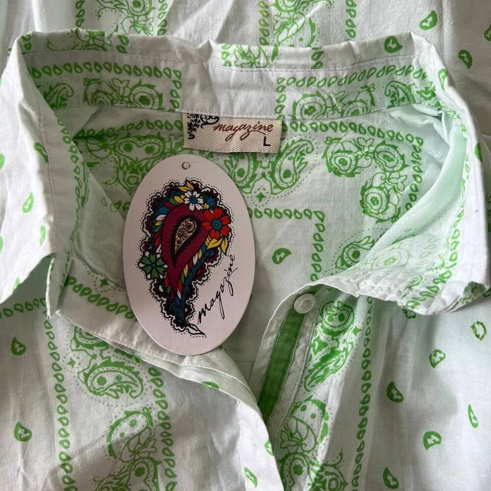 MAGAZINE Bandana Button Up Shirt Sz L Lime Green White 100% Cotton Boho NEW Size L - Image 6