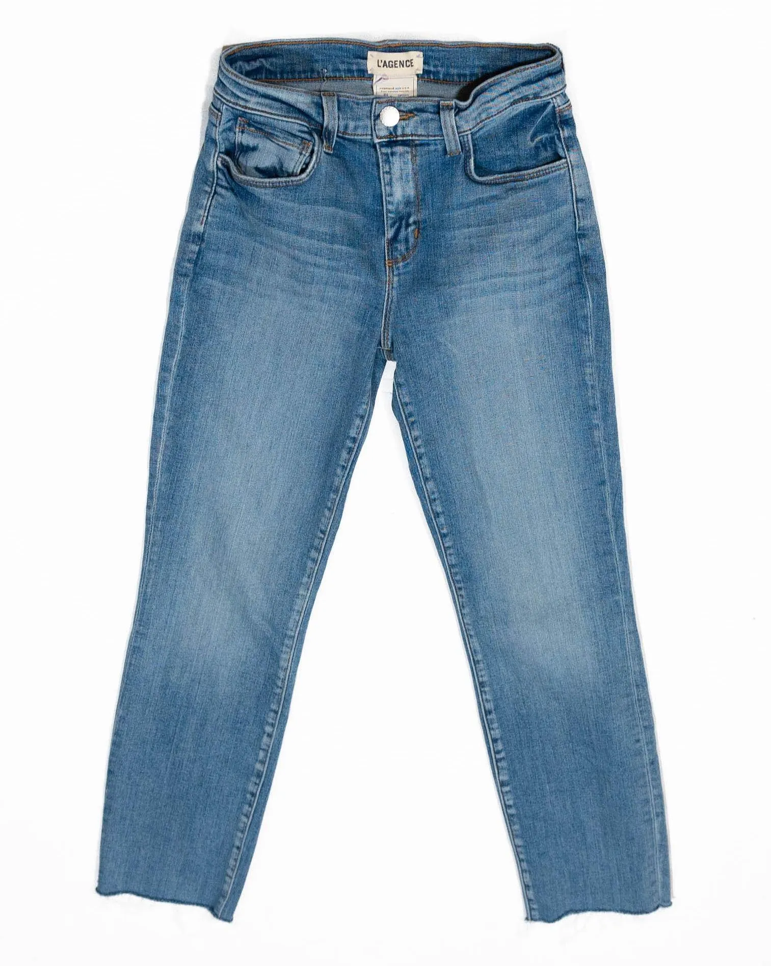 L'AGENCE Sada High Rise Cropped Slim Cotton Stretch Denim Jeans Reservoir Wash - Image 1