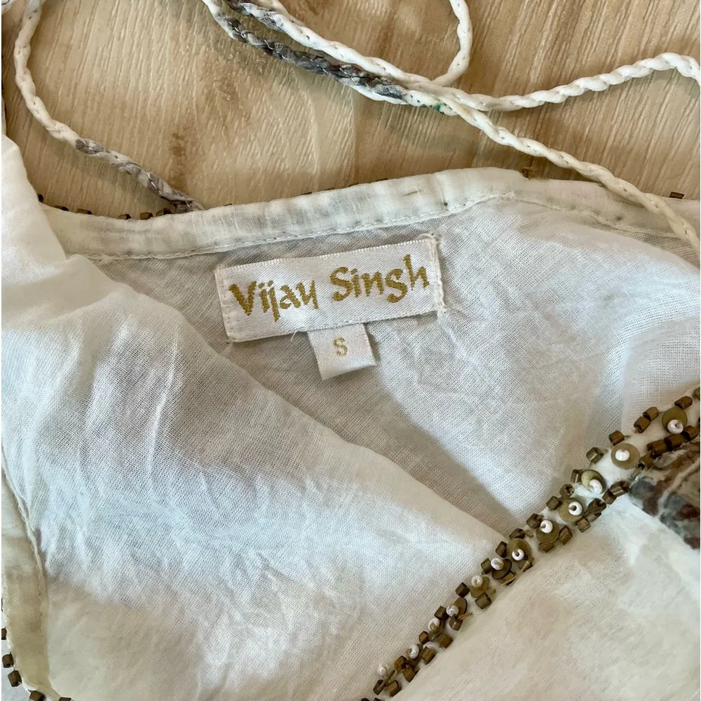 Vijay Singh White Dress With Paisley Print W/ Beading Sequins Light Weight SZ S - Image 6