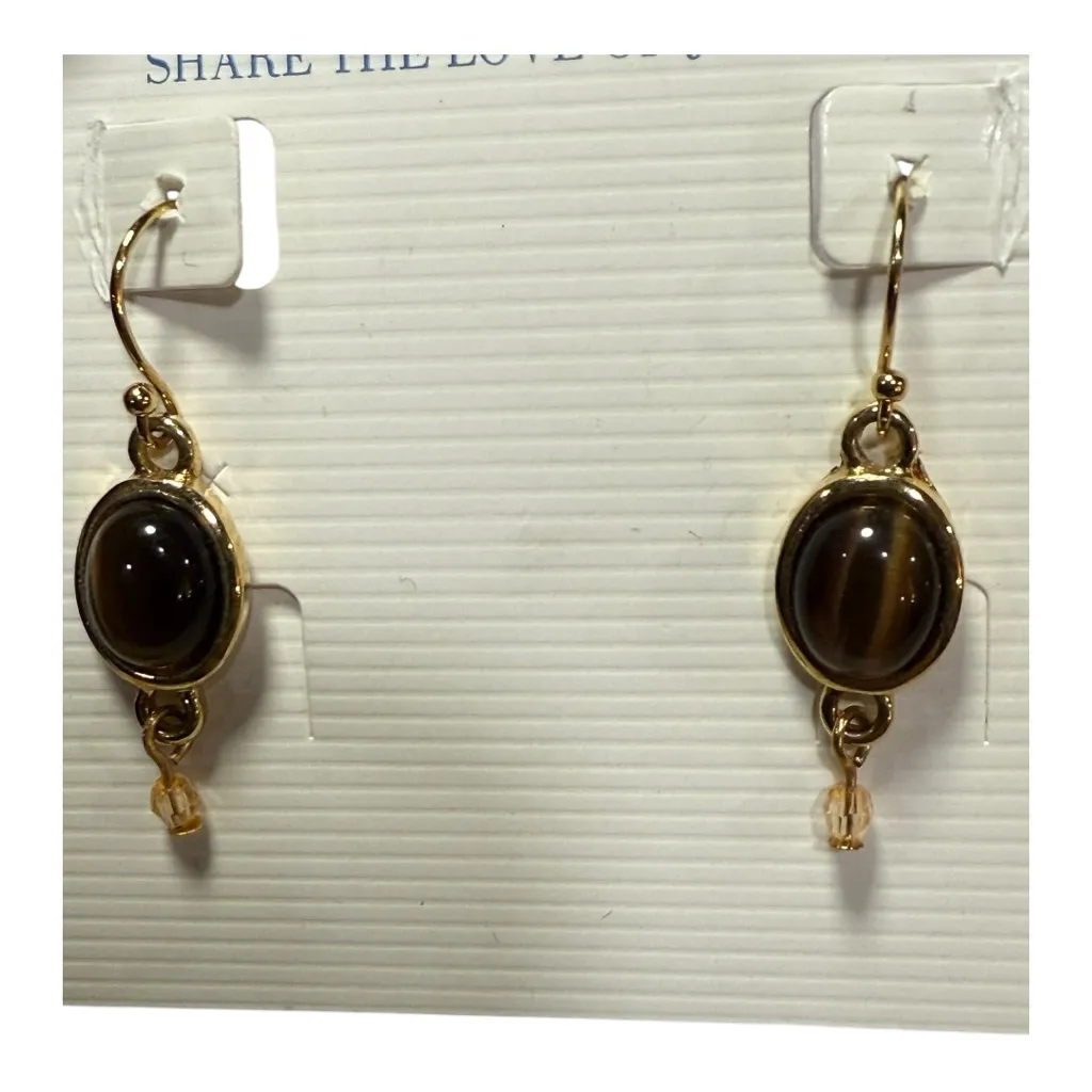 Lia Sophia “Butterscotch” Tiger’s Eye Bead Gold Tone Drop Earrings • NWT Card - Image 3