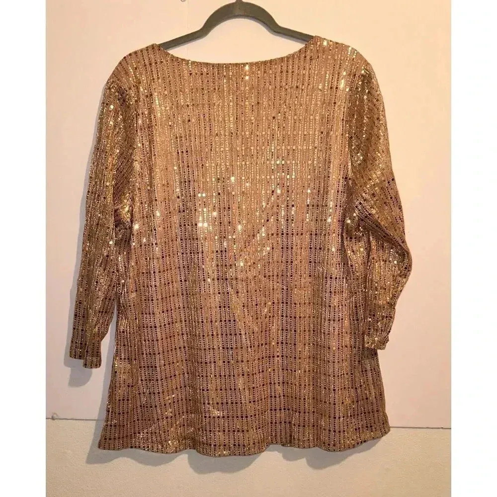 Sara Michelle Womens Sequin Tops 3/4 Sleeve Glitter Sparkly Party Blouse Size 2X Gold - Image 4