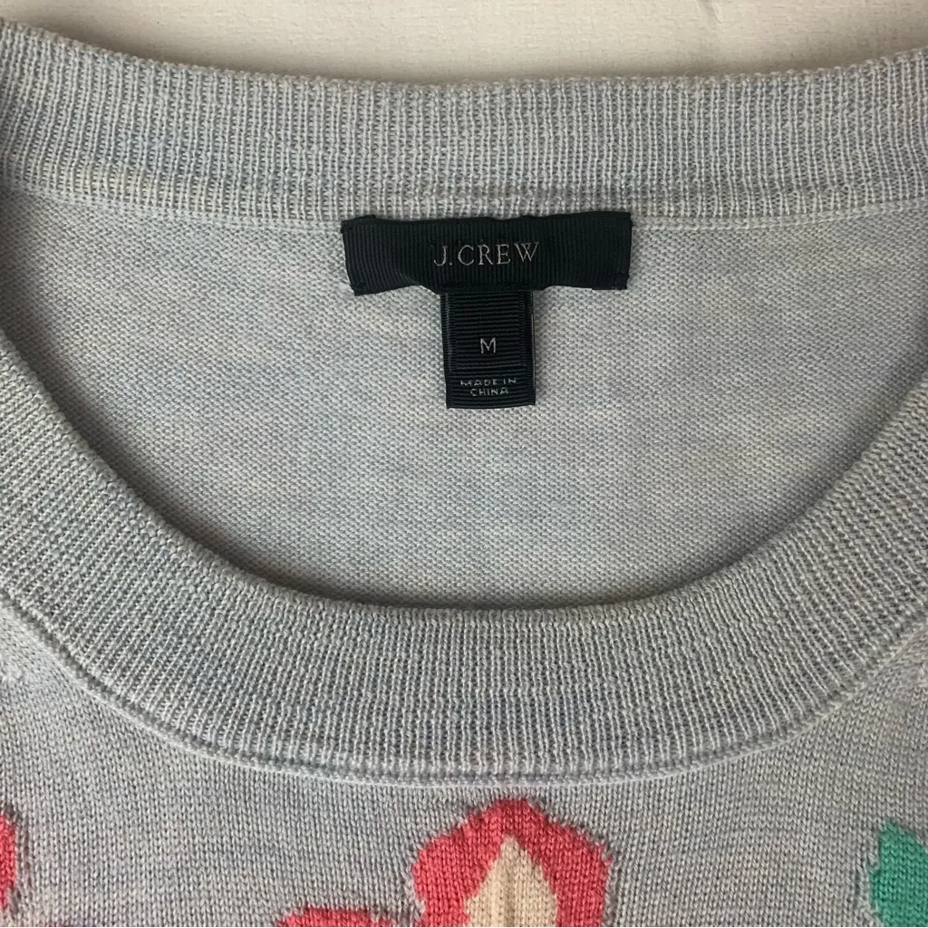 J. Crew size medium Light Gray wool sweater with flowers - Image 3