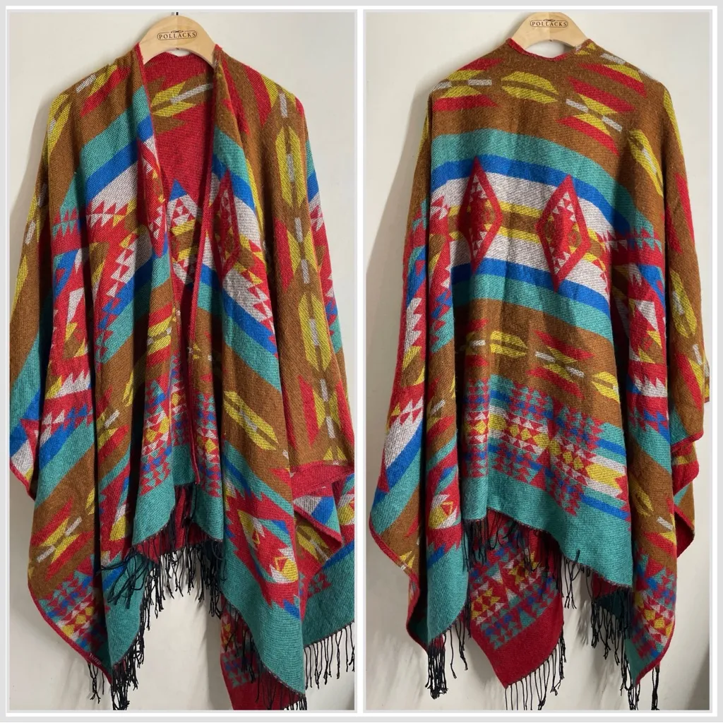 Southwestern Woven Poncho Wrap Shawl Fringe Aztec Geometric Boho - Merona - Image 2