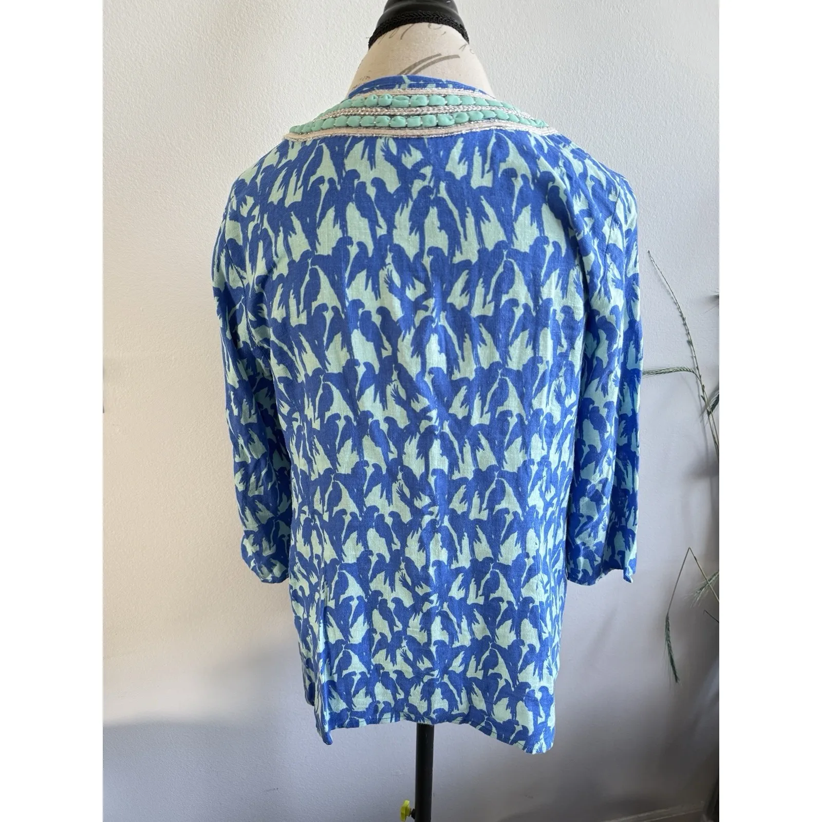 Vineyard Vines Blue‎ Parrot Embellished v Neck Lucaya Linen Blend Tunic Medium - Image 4